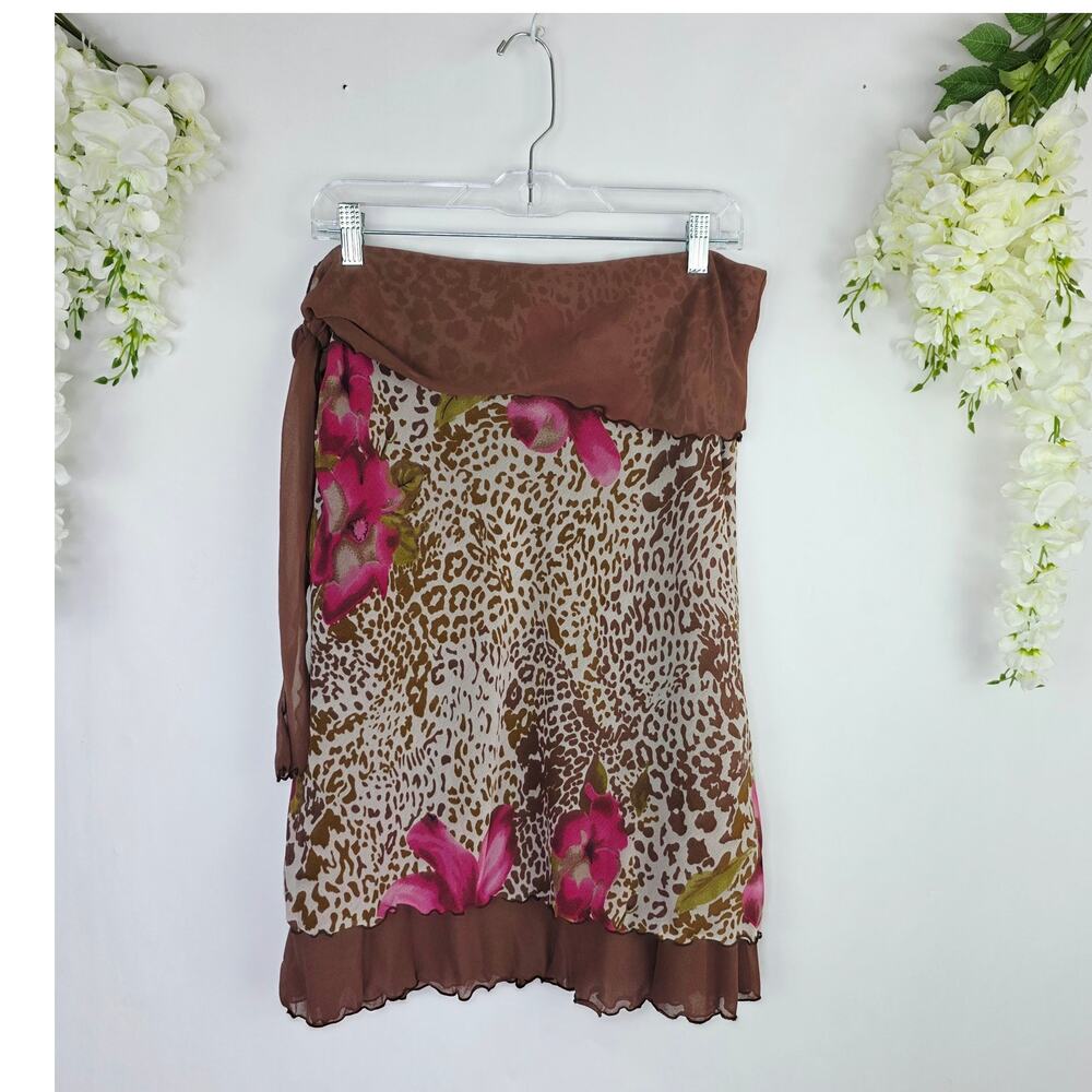 Y2K Chiffon Skirt Medium Brown Leopard Tropical Floral Fairy Grunge Whimsical - Picture 4 of 11